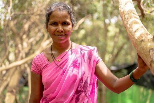 a women stands near her mangrove project